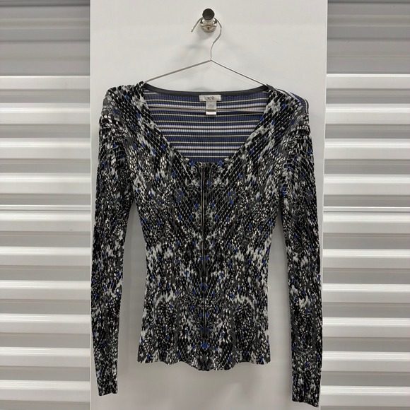 Cache Sweaters - Cache Womens Y2K Snakeskin Striped Ribbed Knit Zip Up Cardigan Gray Blue Large